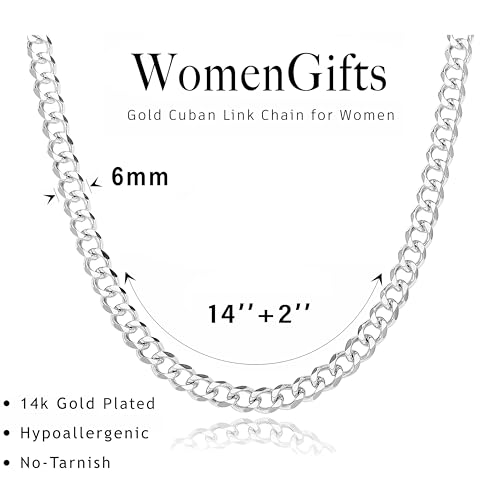 WomenGifts Cuban Link Chain Necklace for Women, Waterproof 14k Gold Silver Plated Chain Choker, Non Tarnish Stainless Steel Jewelry, 3.5/5/6/8/11mm,14/16/18 Inch Thin&Chunky&Thick - color: Silver, style: 6MM-14"