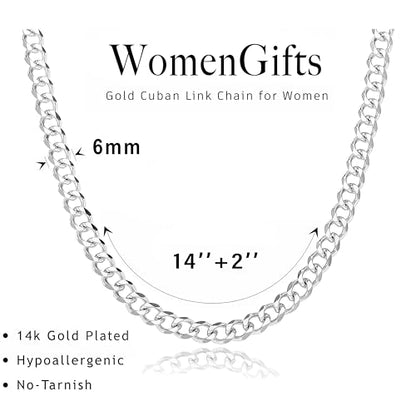 WomenGifts Cuban Link Chain Necklace for Women, Waterproof 14k Gold Silver Plated Chain Choker, Non Tarnish Stainless Steel Jewelry, 3.5/5/6/8/11mm,14/16/18 Inch Thin&Chunky&Thick - color: Silver, style: 6MM-14"