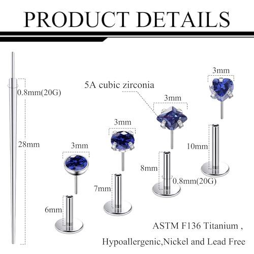 Ruifan Titanium Flat Back Lip Rings Threadless Push in Earrings Studs Nose Rings 20G 18G 16G Round Heart Square CZ Tragus Cartilage Lobe Rook Helix Conch Labret Medusa Piercing Jewelry for Women Men - color: Blue CZ, size: 20G-6/8/10mm