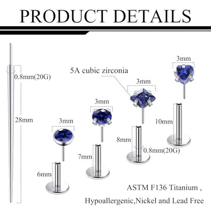 Ruifan Titanium Flat Back Lip Rings Threadless Push in Earrings Studs Nose Rings 20G 18G 16G Round Heart Square CZ Tragus Cartilage Lobe Rook Helix Conch Labret Medusa Piercing Jewelry for Women Men - color: Blue CZ, size: 20G-6/8/10mm