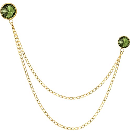 HAWSON Birthstone Brooch Pin for Men with Hanging Chain & Crystal, Mens Gold Tone Lapel Pin for Wedding/Birthday/Party Dress Suits Accessories - color: August Olive