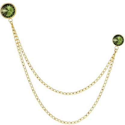 HAWSON Birthstone Brooch Pin for Men with Hanging Chain & Crystal, Mens Gold Tone Lapel Pin for Wedding/Birthday/Party Dress Suits Accessories - color: August Olive