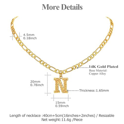 14K Gold Plated Initial Necklaces for Women Men A-Z Letter Necklaces | Figaro Chain, 16"+2" Adjustable Length, with Gift Box - style: N