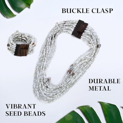 Shop LC Seed Bead Necklace Bracelet Set Boho Jewelry for Women | Multi Layered Boho, Wooden Clasp, 18 Inch Necklace, Stretchable Bracelet - color: White