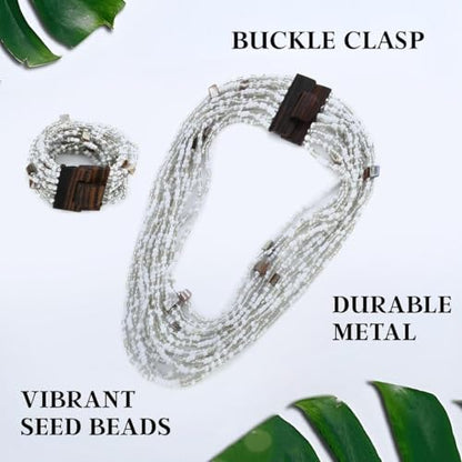 Shop LC Seed Bead Necklace Bracelet Set Boho Jewelry for Women | Multi Layered Boho, Wooden Clasp, 18 Inch Necklace, Stretchable Bracelet - color: White