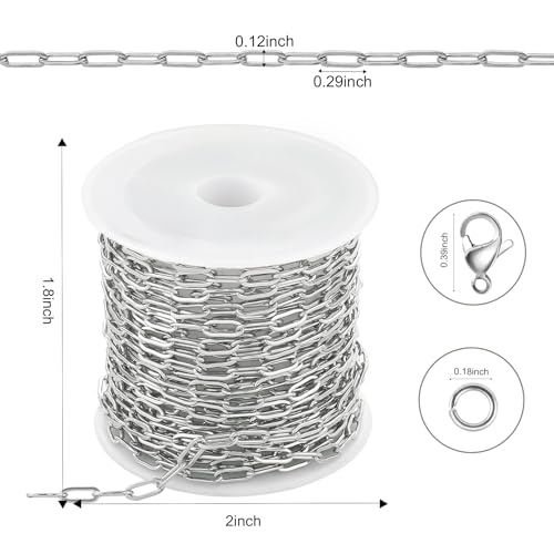 Kyutong 16.4 Feet Stainless Steel Paperclip Chain Links for Jewelry Making | 3MM Paper clip Necklace Chains Bulk for DIY Craft Bracelet Ankle Finding Jewelry Supplies - color: 3mm Paperclip Silver