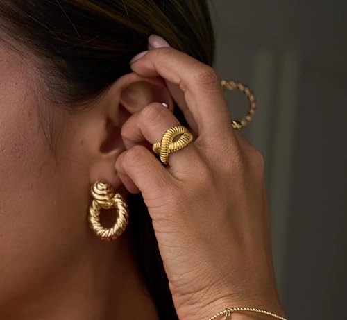 Minimalist Textured Twist Chunky Statement Ring,Gold Plated Stainless Steel Open Ribbed Band Stackable Chic Style Ring for Women - style: Style F