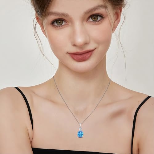 Birthstone Necklace for Women 925 Sterling Silver | Oval Cut Pendant Necklace, Jewelry for Mom Wife - color: Sea Blue