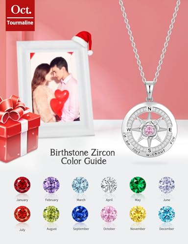 Meeshi Silver Compass Necklace for Women Birthday Gifts for Wife Anniversary Necklace for Women Rose Flower Birthstone Necklaces for Wife Jewelry for Womens Girlfriend Mom Daughter - style: 10-October-Tourmaline