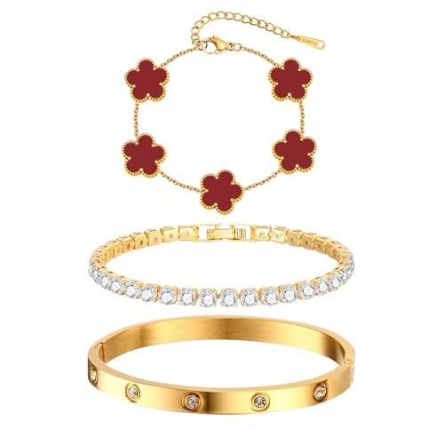 Womens Stackable Floral Gold Bracelets - 3Pcs 18K Gold Plated Bracelet,Stainless Steel Bangle Bracelets Non Tarnish, Gold Bracelet Set Trendy Jewelry,Christmas Valentines Birthday Gifts for Girlfriend