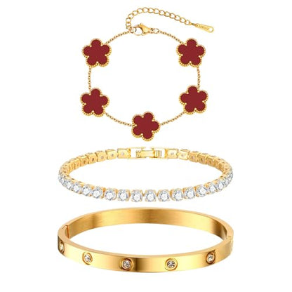 Womens Stackable Floral Gold Bracelets - 3Pcs 18K Gold Plated Bracelet,Stainless Steel Bangle Bracelets Non Tarnish, Gold Bracelet Set Trendy Jewelry,Christmas Valentines Birthday Gifts for Girlfriend