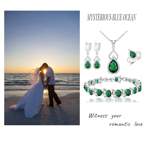 LMXXVJ Women Jewelry Set Platinum Plated Necklace Open Ring Earrings Bracelet Set,Birthday/Anniversary Mother’s Day Jewelry Gifts for Mom/Wife/Sister/Best Friend - color: Green