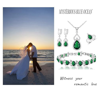 LMXXVJ Women Jewelry Set Platinum Plated Necklace Open Ring Earrings Bracelet Set,Birthday/Anniversary Mother’s Day Jewelry Gifts for Mom/Wife/Sister/Best Friend - color: Green