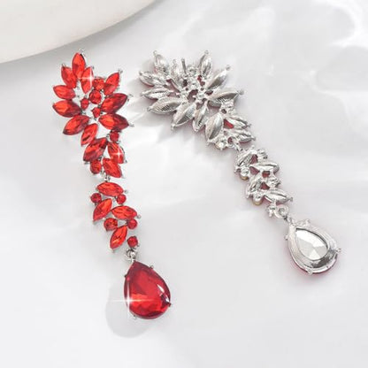 Silver Rhinestone Wedding Earrings for Women,Silver Sparkling Crystal Chandelier Earrings,Formal Cocktail Prom Teardrop Dangle Drop Statement Jewelry - color: Red