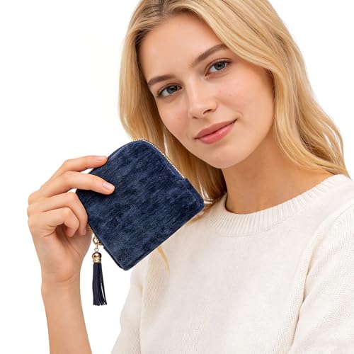 Women's Coin Purses Velvet Mini Travel Jewelry Case Bag with Tassel - color: A-Navy blue