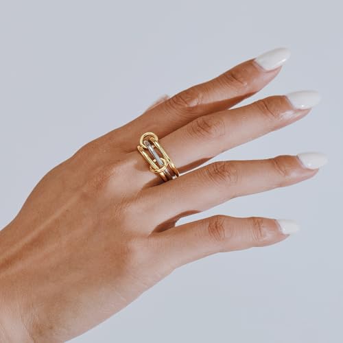 AllenCOCO 14K Gold Plated Stackable Rings, 3 Ring Set with CZ Cubic Zirconia, Gold & Silver Stacked, Interlocking Band for Women Statement