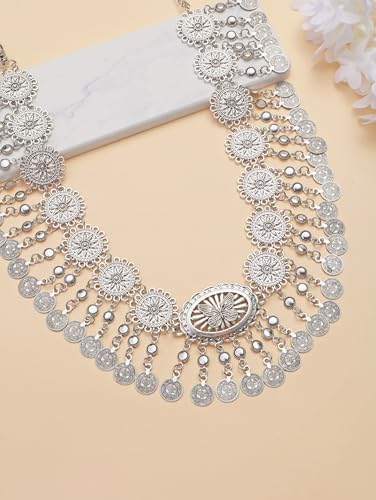 CHIC DIARY Metal Chain Belt for Women Coin Belly Link Tassel Belt for Dress | Boho Style Coin Pendant Tassel Belt Gold/Silver Adjustable Concho Belly Dance Belts for Dresses Skirts Jeans - color: Silver-dance