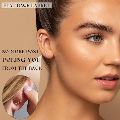 Flat Back Cartilage Earrings CZ Earring Studs Set Helix Conch Tragus Labret Piercing Jewelry for Women Internal Thread Hypoallergenic Surgical Stainless Steel 14K Gold 16 Gauge - color: 16G Bar-6mm Silver