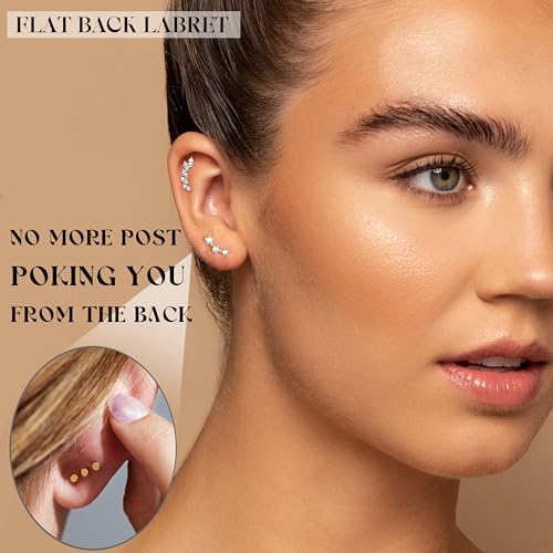 Flat Back Cartilage Earrings CZ Earring Studs Set Helix Conch Tragus Labret Piercing Jewelry for Women Internal Thread Hypoallergenic Surgical Stainless Steel 14K Gold 16 Gauge - color: 16G Bar-6mm 14K Gold