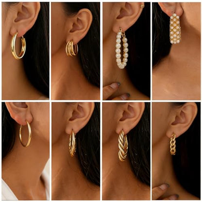 Gold Silver Hoop Earrings Set for Women, 46 Pairs Lightweight Twisted Pearl Heart Chunky Hoops Dangle Drop Earrings, Hypoallergenic Gold Plated Earrings for Daily Birthday Party Gift - color: Gold
