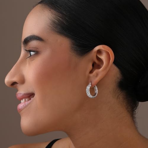 LeCalla Byzantine Earrings for Women | 925 Sterling Silver Byzantine Earrings | Antique Oxidized Click-Top Round Thick Hoop Earrings for Women - style: Bali-Style Filigree