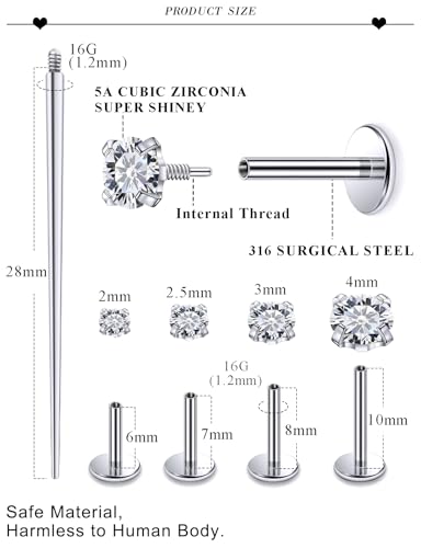 18G 16G Internal Thread Flat Back Nose Stud Earrings Surgical Steel Conch Tragus Cartilage Medusa Monroe Labret Lip Rings Piercing Jewelry for Women Men CZ Silver Black Gold Hypoallergenic - color: Silver, size: 16g