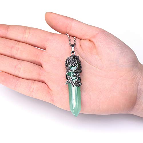 Top Plaza Flower Wrapped Natural Green Aventurine Crystal Necklace | Antique Silver Healing Crystal Gemstone Necklaces for Women Mothers Day Mom Gifts - color: Green Aventurine