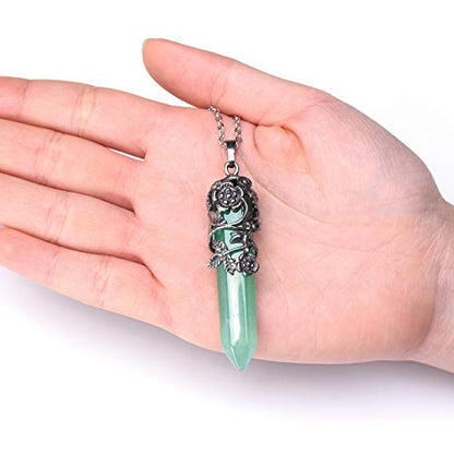 Top Plaza Flower Wrapped Natural Green Aventurine Crystal Necklace | Antique Silver Healing Crystal Gemstone Necklaces for Women Mothers Day Mom Gifts - color: Green Aventurine