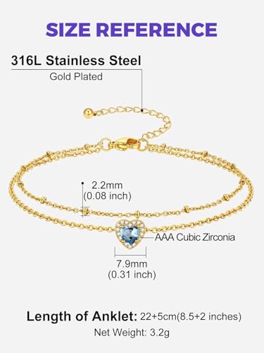 Richsteel Double Layer Heart/Butterfly Birthstone Anklet for Women | Non Tarnish Waterproof, Silver/Gold/Black Stainless Steel 8.5-10.5 Inch Adjustable Chain Anklets Summer Beach Foot Jewelry - color: Gold Heart-03 Mar.(Aquamarine)