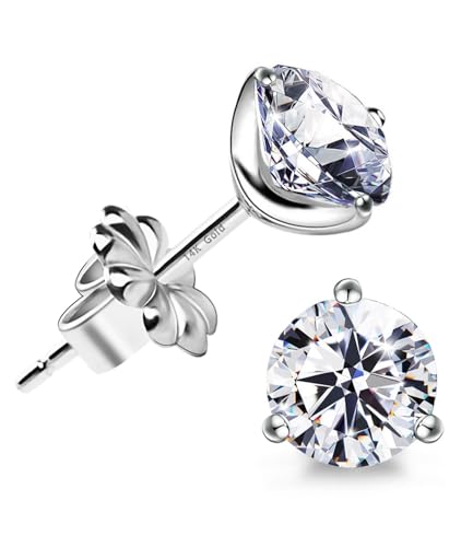"STUNNING FLAME" 18K Gold Plated Silver Brilliant Cut Simulated Diamond Cubic Zirconia Stud Earrings - color: 14k Gold Post & Sterling Silver - White, size: 3.0 Carat-(1.5ct*2)-7.5mm