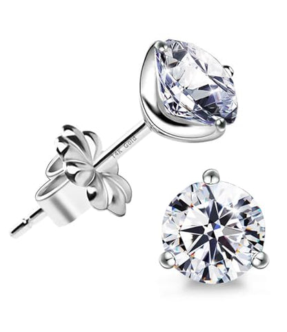 "STUNNING FLAME" 18K Gold Plated Silver Brilliant Cut Simulated Diamond Cubic Zirconia Stud Earrings - color: 14k Gold Post & Sterling Silver - White, size: 3.0 Carat-(1.5ct*2)-7.5mm