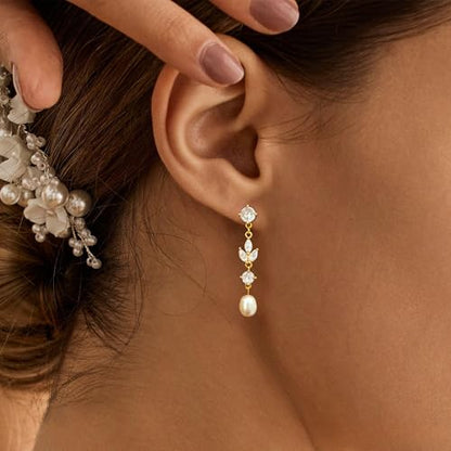 Pearl Earrings for Women Trendy, 14k Gold Plated Freshwater CZ Leaf Pearl Dangle Drop Gold Earrings Lightweight Hypoallergenic Stud Earring Bridesmaid Wedding Gold Jewelry for Women Gifts - style: cz long pearl earrings