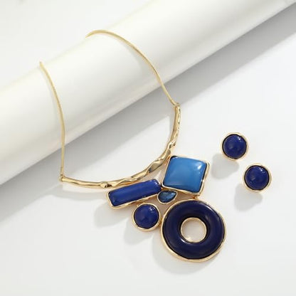 Vintage Statement Jewelry Set - Chunky Flower Floral Plant Geometric Resin Bib Necklace Earring Set Bohemian Boho Crystal Rhinestone Fashion Jewelry for Women Bridal Party Prom Unique Gift - style: MLJS2613-Blue