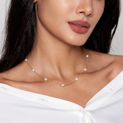 Zeffy Pearl Necklace 8MM Dainty Round Imitation Pearl Choker Necklace Wedding Pearl Necklace Delicate Jewelry for Women Simple Bridesmaid Jewelry Gifts - style: 4mm Gold Satellite Pearl Necklace