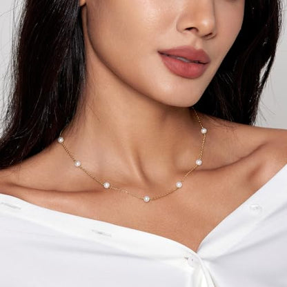 Zeffy Pearl Necklace 8MM Dainty Round Imitation Pearl Choker Necklace Wedding Pearl Necklace Delicate Jewelry for Women Simple Bridesmaid Jewelry Gifts - style: 4mm Gold Satellite Pearl Necklace