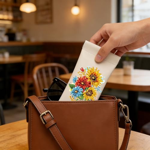 Diamond Art Painting Eye Glass Bag PU Sunglasses Glasses Storage Bag Built-in Glasses Cloth Press Automatic Closure - color: Sunflowers