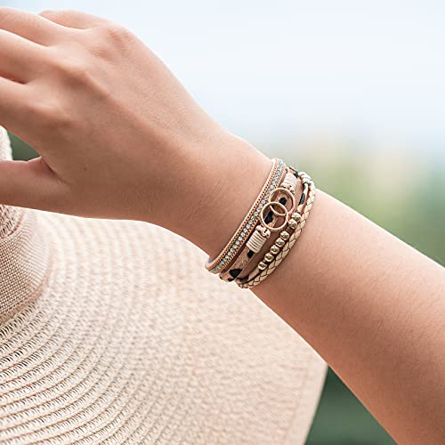 Chunky Boho Leather Wrap Bracelets Cowgirl Beaded Circle Western Jewelry | Stackable Infinity Layered Bohemian Magnetic Clasp Cuff Statement Fashion Colorful Country Hippie Outfits for Women Trendy - color: Leopard