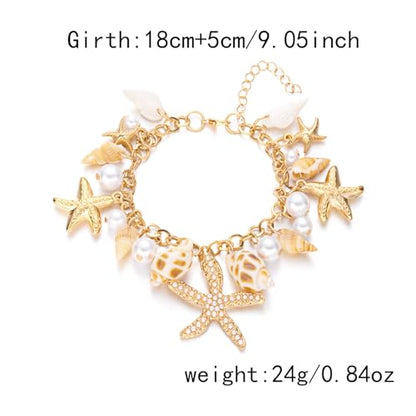 Shell Starfish Bracelet Seahorse Conch Starfish Sea Shell Pearls Charm Stone Bracelet Statement Bohemian Sea Themed Beach Jewelry for Women - color: Gold
