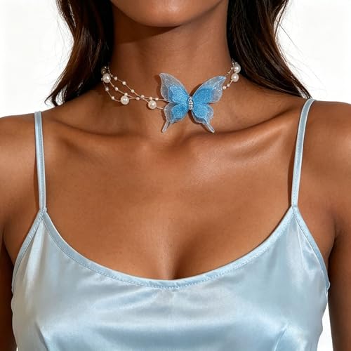 Lace Butterfly Necklace Dainty Pearl Beaded Bow Tie Ribbon Necklaces Long Elegant Lace Fairy Tassel Choker White Black Pink Blue Butterfly Choker Necklaces Cute Butterfly Jewelry Y2K Aesthetic Jewlery for Wedding Party Prom - color: Blue