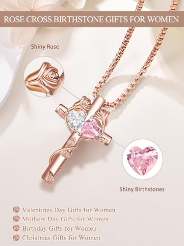 Rose Gold Cross Necklace with 2 Birthstones and Rose | Cross with Birthstone Necklace, Hypoallergenic, Adjustable Rolo Chain, Birthday Gifts, Catholic Christian Religious Jewelry - color: 04-10-Apr-Oct Birthstone