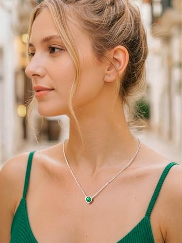 Silvora Heart/Round Birthstone Necklace for Women, Sparkling Crystal Pendant, Dainty Birth Month Jewelry, Adjustable 16"+2" Chain - color: Silver, style: May Heart
