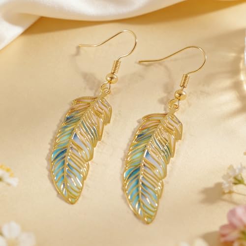 Bohemian Colorful Feather Drop Earrings for Women,Fashion Gradient Leaf Danging Earring Lightweight Hook Shaped Statement Jewelry - color: color B