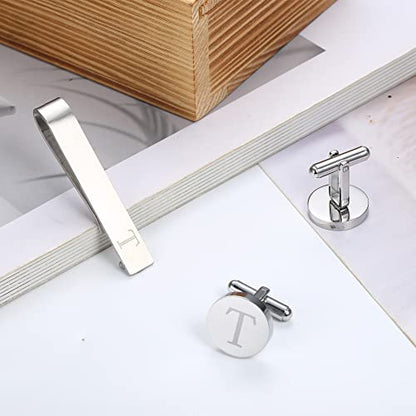 Initial Cuff Links Mens and Tie Clips for Men | Classic Silver Letter Alphabet A-Z Cufflinks and Tie Bar Set, Gifts for Men Father Husband for Formal Business Wedding - style: T