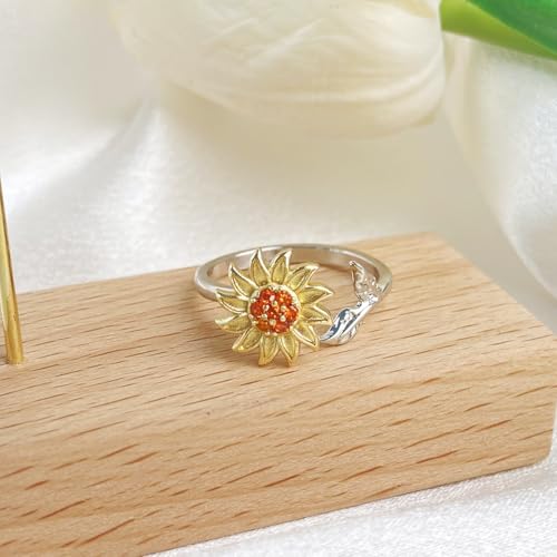 Hebelee Rotatable CZ Sunflower Spinner Ring for Women Fashion Crystal Rotating Flower Stackable Statement Open Wrap Finger Rings Comfort Fit Adjustable Fidget Anxiety Relieving Stress Jewelry - color: 2 Leaf