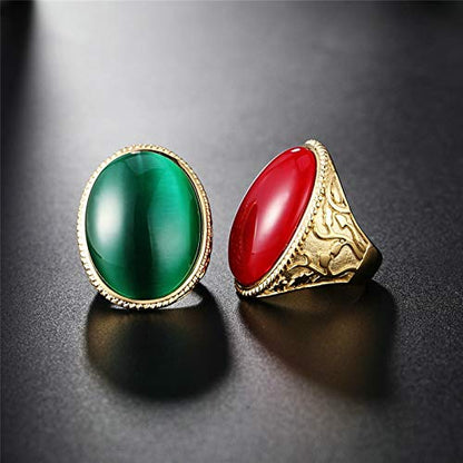 Daesar Stainless Steel Rings for Men Oval Red Green Opal Stone Promise Ring Yellow Gold - color: Green