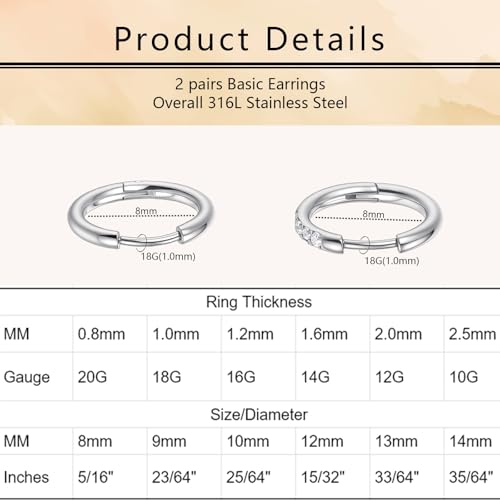 Small Hoop Earrings for Women, Stainless Steel Huggie Hoop earrings, 18G | 2/4/6 Pairs, 6mm/8mm/12mm Small Hoop Earrings, Lobe Helix Conch Tragus Daith Rook Cartilage Piercing Jewelry,Gold Silver - color: Silver-2 pairs-8mm