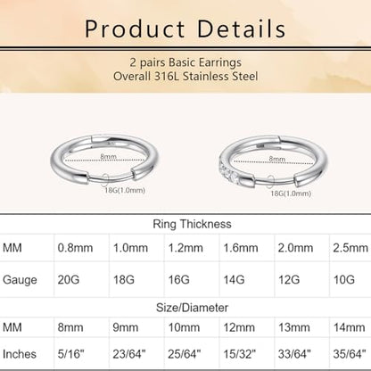Small Hoop Earrings for Women, Stainless Steel Huggie Hoop earrings, 18G | 2/4/6 Pairs, 6mm/8mm/12mm Small Hoop Earrings, Lobe Helix Conch Tragus Daith Rook Cartilage Piercing Jewelry,Gold Silver - color: Silver-2 pairs-8mm