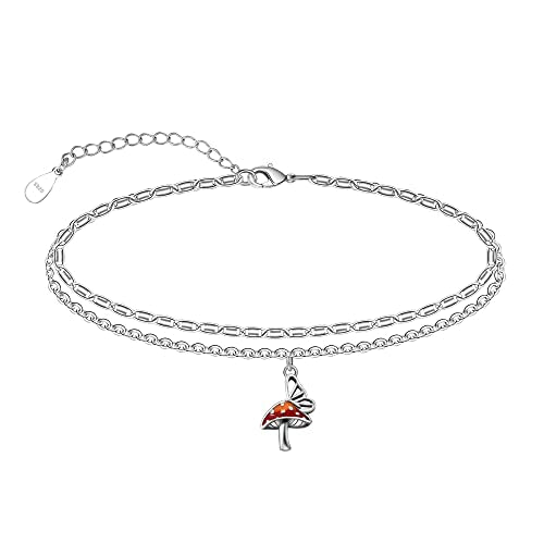 CHIC & ARTSY 925 Sterling Silver Ankle Bracelets for Women, Adjustable Layered Foot Chains with Nature & Symbol Charms, Lightweight Comfort Fit Boho Beach Everyday Jewelry - color: # Mushrooms Butterfly Anklet