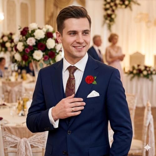Gentleman's Essentials Premium Handmade Flower Lapel Pin Boutonniere - color: Crimson Red Camellia [Green Leaf]