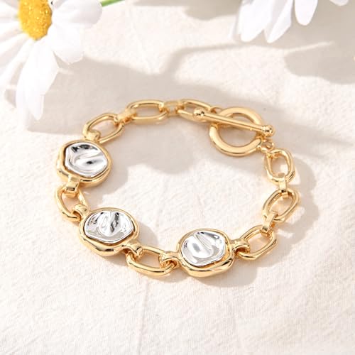 14K Gold & Silver Plated Lightweight Link Bracelet for Women | Stackable Bracelets ,14K Gold Plated Bracelets with CZ,Lightweight Trendy Chain Bracelet Jewelry Gift - style: round&gold chain
